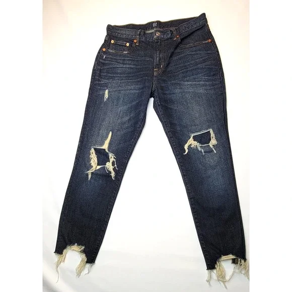 Gap Jeans Women Size 28R Distressed Best Girlfriend Raw Hem Dark Wash Gap Denim - Picture 1 of 16